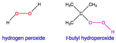 chemical structures of hydrogen peroxide and t-butyl hydroperoxide