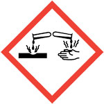GHS corrosion pictogram of acid pouring on hands and objects