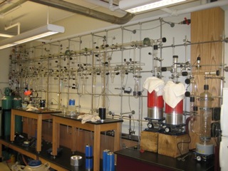 A fifteen foot long glass high vacuum manifold setup