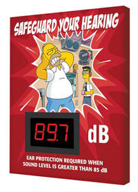 Hearing protection sign with electronic decibel meter