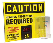 Hearing protection sign with electronic decibel meter