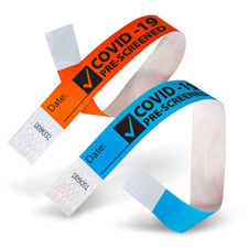 Orange and blue COVID-19 prescreened wristbands