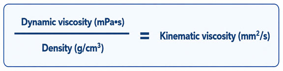 Dynamic viscosity (mPa•s) / Density (g/cm3) = Kinematic viscosity (mm2/s)