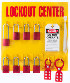 A Zing RecycLockoutâ„¢ 8-Padlock Lockout/Tagout Station