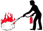 Drawing of a person discharging a fire extinguisher on a burning flame.